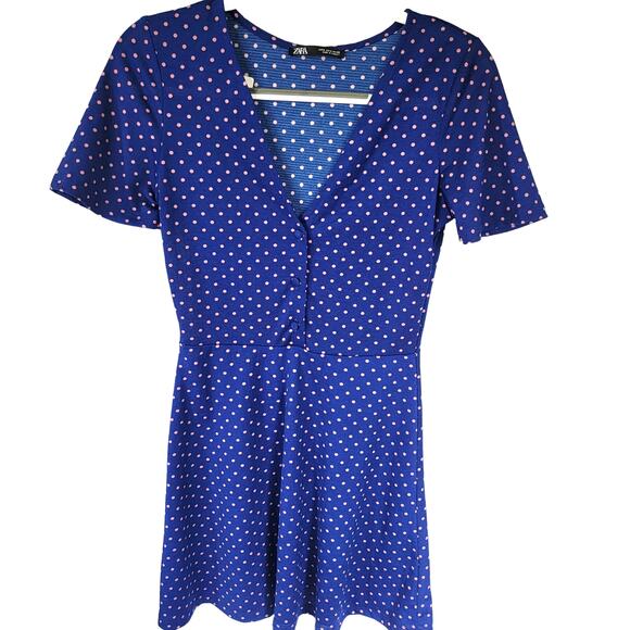 Zara Blue Polka Dot V Neck Button Semi Sheer Fit and Flare Dress Size Small - Picture 1 of 10